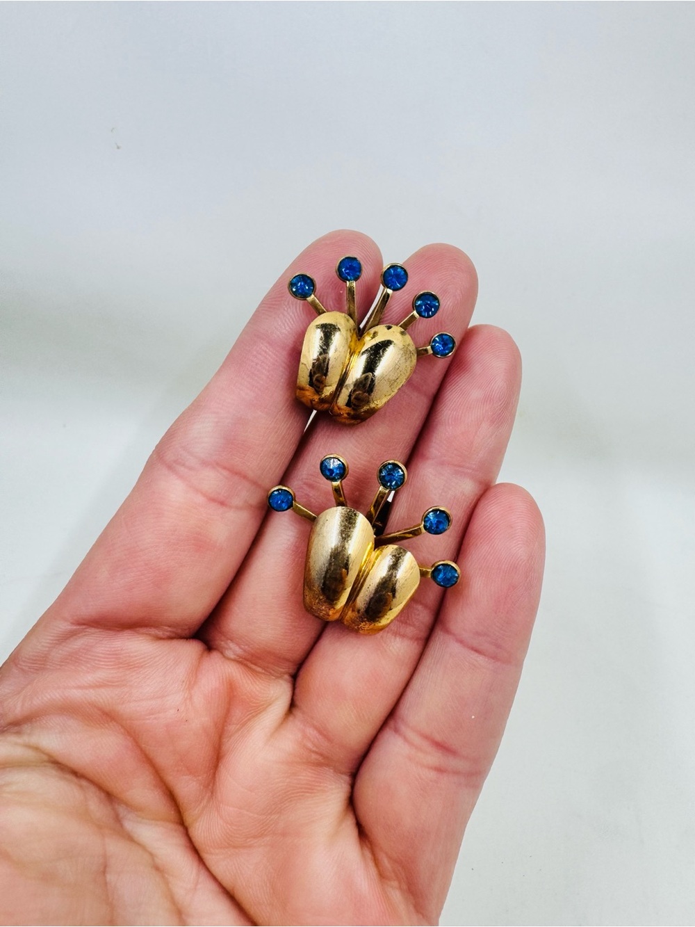 Antique Blue Gem Paste Stone Accents Gold-tone Earrings